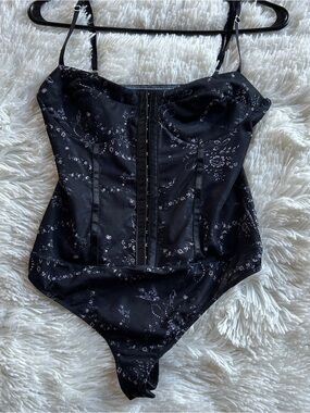 Intimately Free People Night Rhythm Bodysuit in Black & White Bows - Size Medium